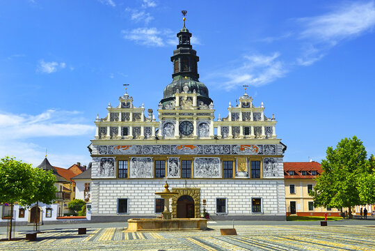 The main square with a fountain and the Renaissance town hall of town Stribro (Silver). The mining town Stribro is located in the Pilsen Region of the Czech Republic.