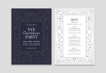 New Years Eve Menu Flyer Layout with Minimal Nye Illustrations