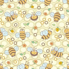 Gordijnen Bee seamless pattern with honeycomb and flowers in vintage colors © Iuliia