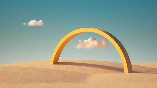 3d Render, Surreal Desert Landscape With Yellow Arch And White Clouds In The Blue Sky On Sunny Day. Modern Minimal Abstract Background