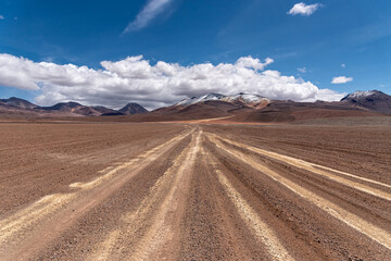 Snow mountains and empty road in the southwest of the the Andean Highlands