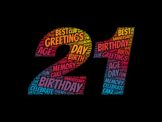 Happy 21st birthday word cloud, holiday concept background