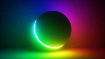 3d rendering of a ball with bright colorful neon light, abstract geometric background