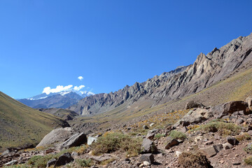Way to the highest mountain in South America in
Aconcagua Provincial Park. Mount Aconcangua is the queen of the mountains