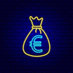 Neon money bag with euro sign isolated on brick wall background.