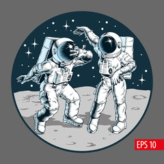 Space dance party. Astronauts dancing twist. Man and woman on the Moon. Comic style vector illustration. © ledokol.ua