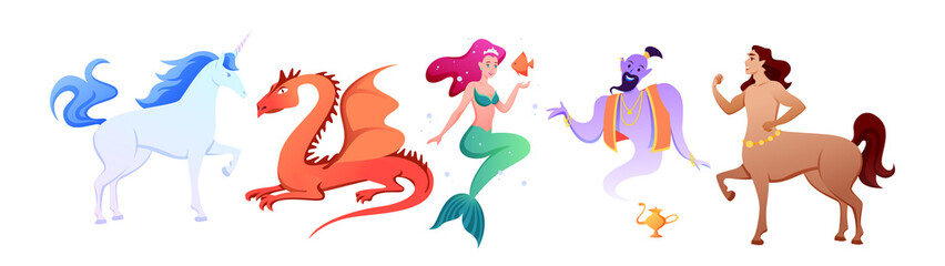 Cartoon mythology collection with myth fairy tale characters, fantastic beasts and monsters, mermaid centaur unicorn genie phoenix isolated on white.