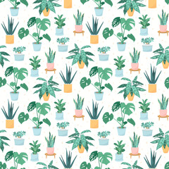 Vector illustration of a seamless pattern of trendy house plants in pots: aloe vera, fiddle leaf fig, snake plant, monstera, burros tail, aglaonema, jade plant. Decor for the interior of the house.