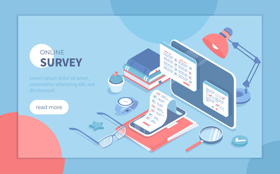 Online Survey and Polling. Internet mobile questionnaire. Survey form on on tablet and phone screens. Isometric vector illustration for poster, presentation, banner, website.