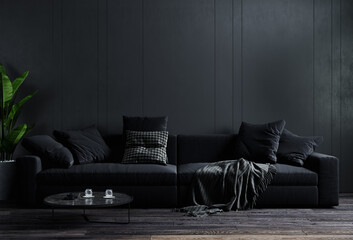 Stylish dark living room interior background, black wall, Scandinavian style, 3D illustration. Living room mockup. 3d rendering © Liliia
