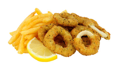 Breadcrumb covered salt and pepper calamari rings and French fries isolated on a white background