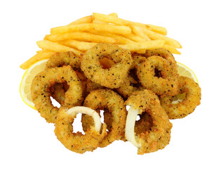 Breadcrumb covered salt and pepper calamari rings and French fries isolated on a white background