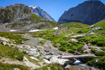 Mountain river and wood bridge in Vanoise national Park valley, French alps