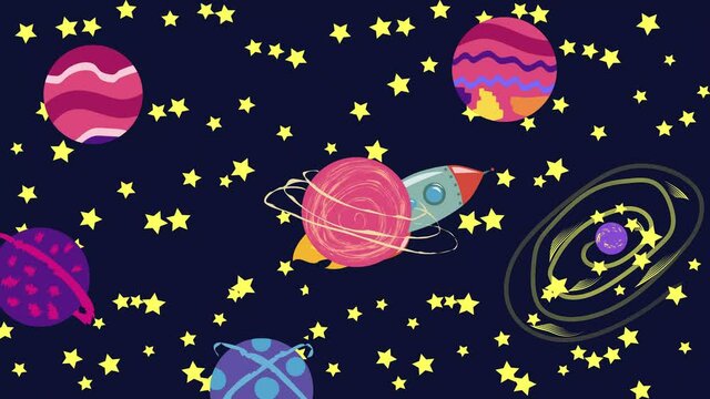Cartoon Space. Cartoon rocket flies in outer space past the suspended planets, satellites and other objects. Flat loopback animation.