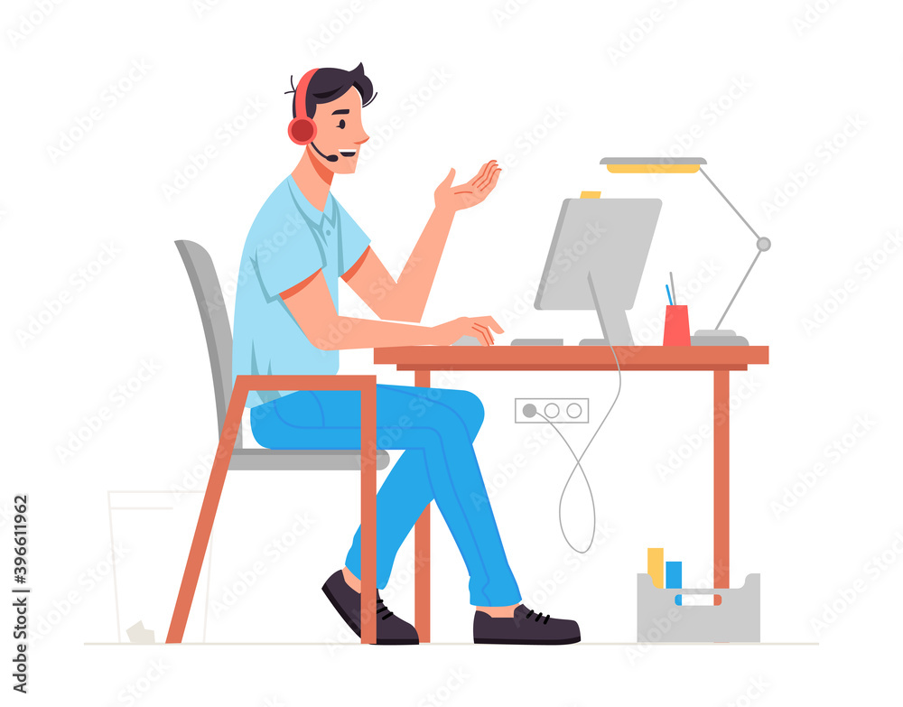 Poster call center operator or specialist at helpdesk or hotline talking to client using headphones with mi
