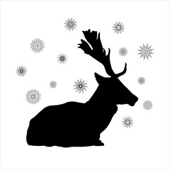 Silhouette of a deer on a white background with snowflakes. Isolated white. Holiday winter poster. Vector illustration