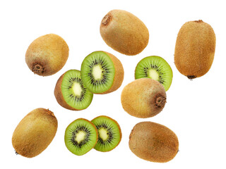 Fototapeta premium Kiwi whole and half falling on a white background. Isolated