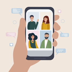 Online communication between a group of people using the mobile application, messenger. Group chat in your smartphone. phone in the hands. Talk during quarantine virtually over the Internet. Vector