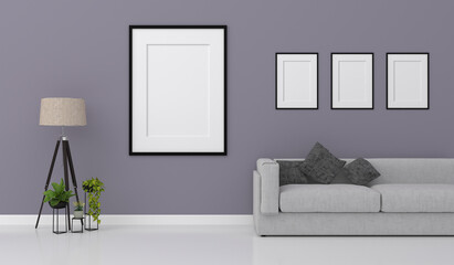 Interior mock up with photo frame on wall, 3d rendering.