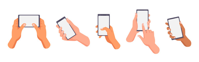 Hands of different races hold and use smartphones, blank display. Vector, european, afro american and asian people use mobile phones. Man or woman, multiethnic mixed-race users with modern gadgets - Powered by Adobe