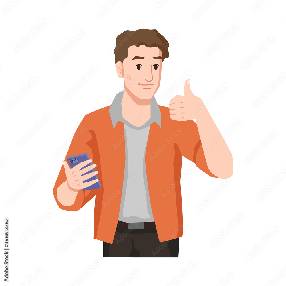 Poster man with thumb up likes smartphone isolated male person in casual cloth showing approval gesture to 