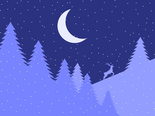 Obraz na płótnie Canvas Night winter landscape with fir trees and falling snow. Starry sky and crescent moon. Winter background for Christmas and New Years. Flat style. Vector illustration