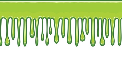 Flows of light green fluid. Thick flowing paint. Slime. The drops are slipping. The isolated object on a white background. Flat cartoon style. Shine. Frame. Vector