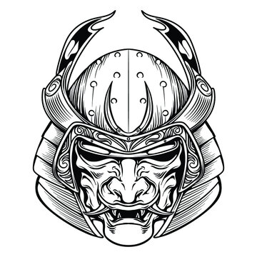 recommend clip art: black and white onimusha shogun mask illustration, tough samurai mask