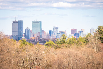 Fototapeta na wymiar The Boston skyline from a hill in Brookline
