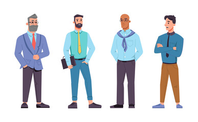 Males businessman of different ages, bearded and bald middle age boss in glasses, young worker and manager isolated flat cartoon characters set. Cooperation and agreement, teamwork entrepreneurs