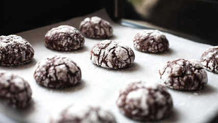 Chocolate cookies with powdered sugar on baking tray. Close-up.