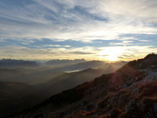 Fototapeta na wymiar Sunset panorama view at Benediktenwand mountain in Bavaria, Germany