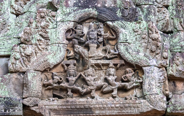 Relief d'un temple à Angkor, Cambodge