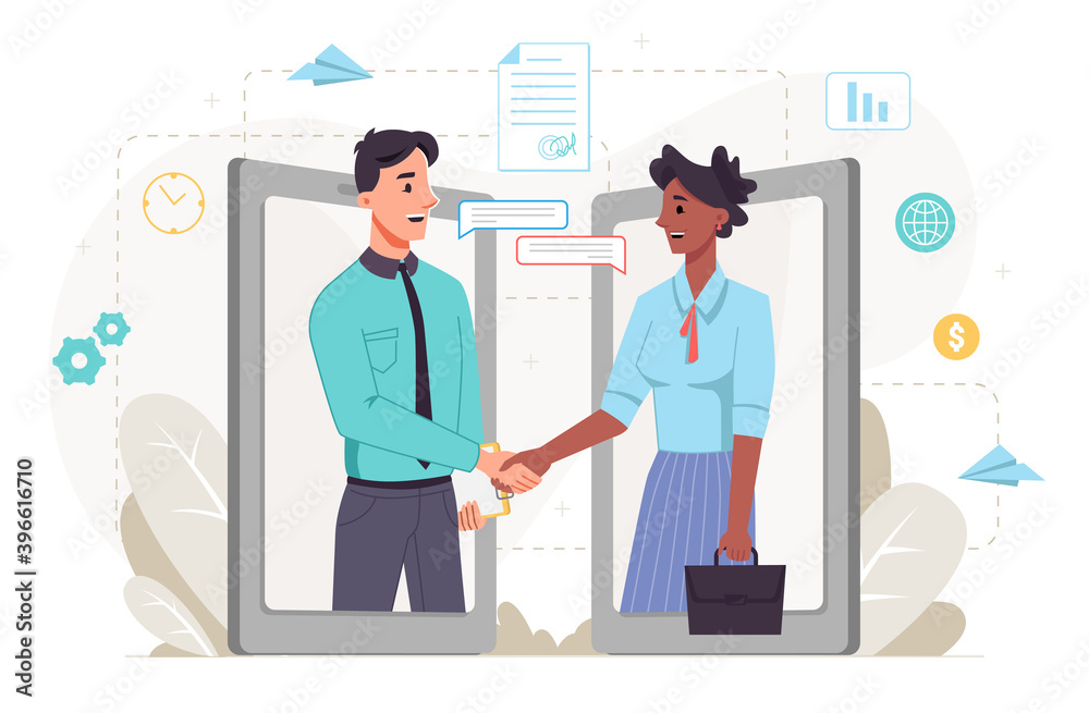 Poster business deal of partners done in internet, online communication of employee and boss. people using 
