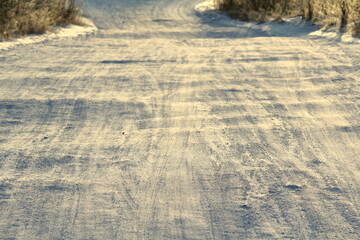 Snow covered road going into the distance with shrubs and wild plants