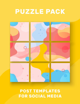 Vector abstract puzzles template posts for social media with bright colors. Nine design backgrounds with yellow blue and pink and text area