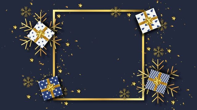 3D illustration,merry christmas and happy new year concept animation footage, blank template,glowing golden confetti and stars,golden shiny snow flakes,gift boxes,middle frame,dark blue background