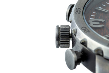 A macro shot of a dark metal stainless steel watch case, space for text on the left, isolated on a...