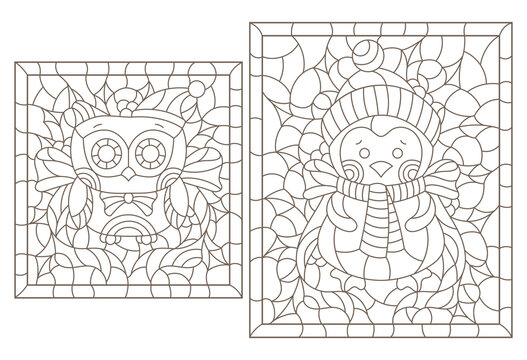 Set of contour illustrations of stained glass Windows with funny cartoon owle, penguin  and Holly,  dark contours on a white background, rectangular images