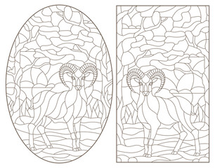 Set of contour illustrations of stained glass Windows with wild rams on a background of forest landscape, dark contours on a white background