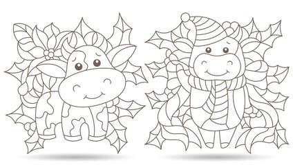 Obraz na płótnie Canvas Set of contour illustrations in stained glass style with toy bulls and Holly branches, dark outlines isolated on a white background