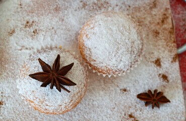 Fototapeta na wymiar Christmas composition: Christmas cupcake decorated with icing and surrounded by cinnamon, powdered sugar and star anises
