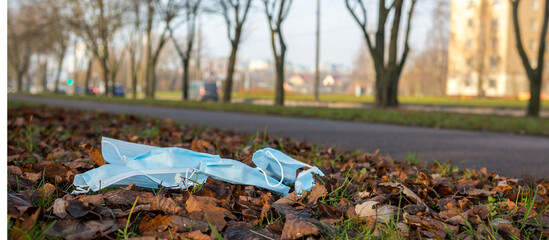 Waste Coronavirus, Covid 19 Pandemic Garbage Face Masks in Nature, Environmental Pollution, Land Waste COVID-19 Waste