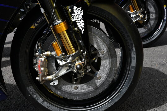 Mugello - Italy, 1 June: Detail of Yamaha M1 of Petronas Team of Rider Franco Morbidelli in the Pitlane at 2019 GP of Italy.