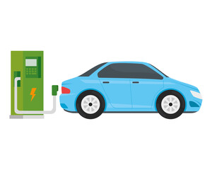 Fototapeta na wymiar electric ecology service station with light blue car vector illustration design