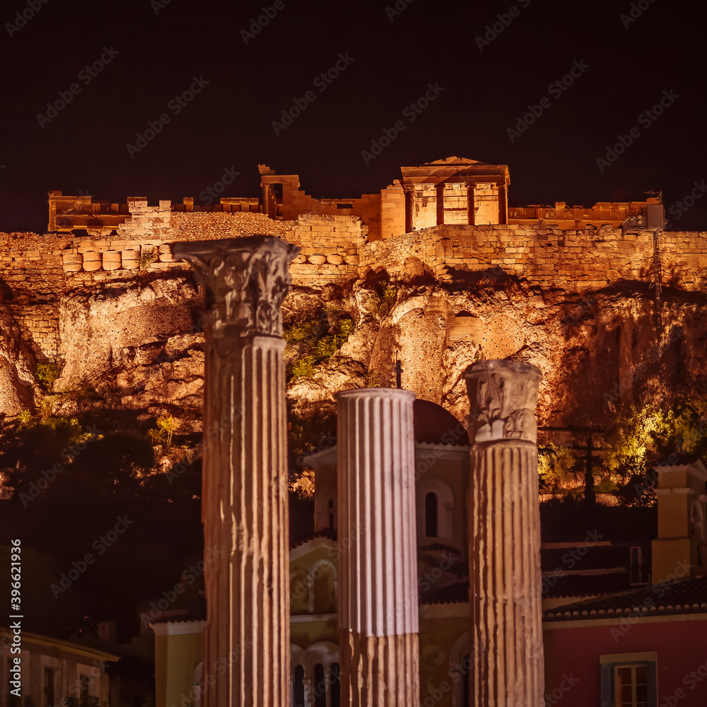 Poster night view of ancient Greek temple on Acropolis of Athens, Greece