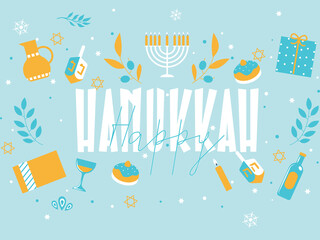 Happy Hanukkah, the Jewish Festival of Lights backgrounds for greeting card, invitation, banner with Jewish symbols as dreidel toys, latke doughnuts, menorah candle holder turquoise colors.