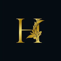 Gold luxury Floral Leaf Initial Letter H Logo Concept Monogram Ornate Leaves Design
