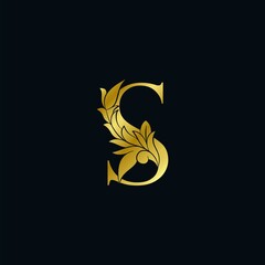 Gold luxury Floral Leaf Initial Letter S Logo Concept Monogram Ornate Leaves Design