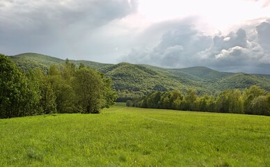 Bieszczady in spring. View of the green Bieszczady. Juicy green meadows and trees. Poland